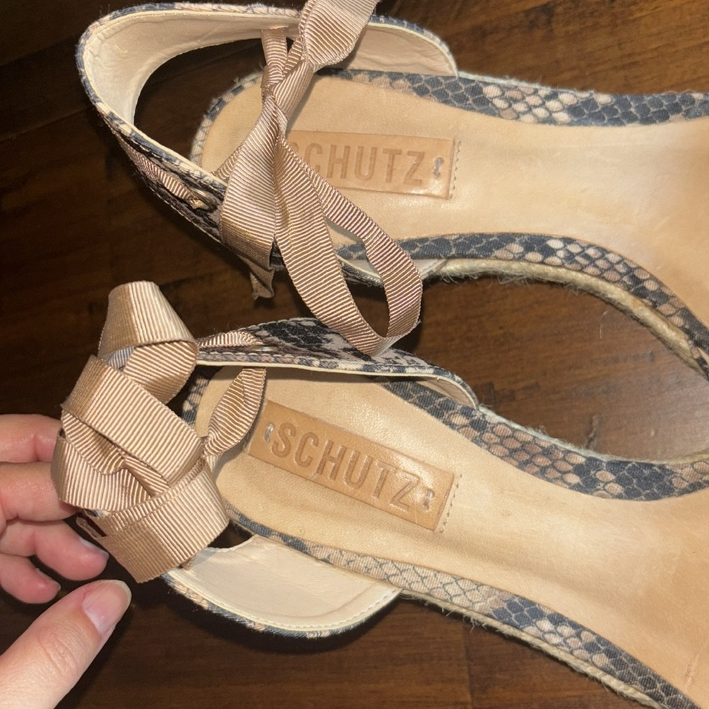 SCHUTZ Snake Print Espadrille Wedge in Beige and Black with Tan Ankle Tie - Picture 3 of 7